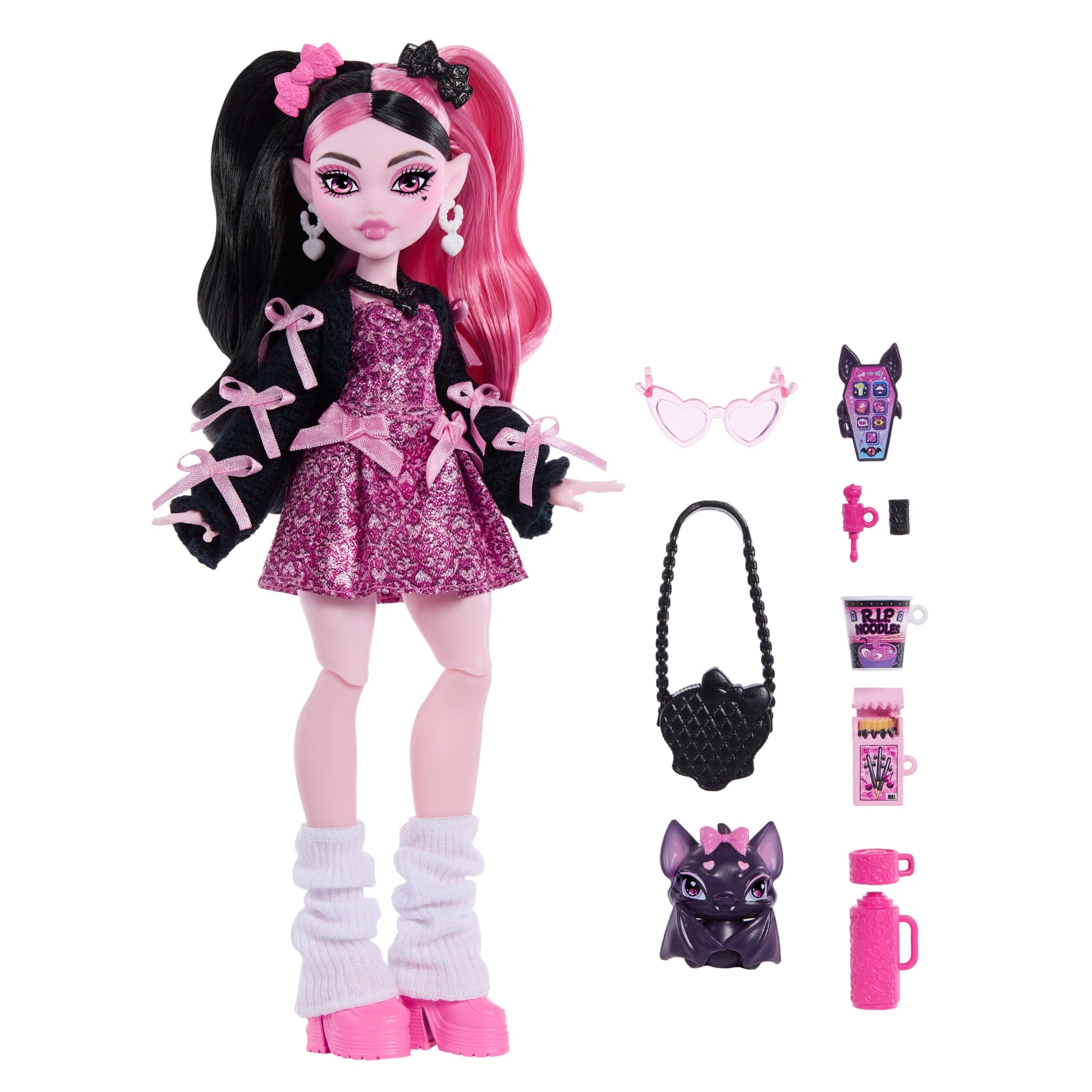 fisher price Monster High Draculaura Fashion Doll in Bow Dress With Pet Bat Count Fabulous And 7 Accessories