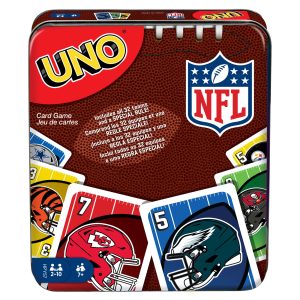 fisher price UNO NFL Card Game in Storage & Travel Tin For Kids, Adults & Family Night, Features All 32 NFL Teams