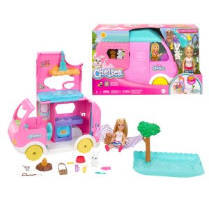 fisher price Barbie Chelsea 2-in-1 Camper Playset With Chelsea Small Doll, 2 Pets & 15 Accessories